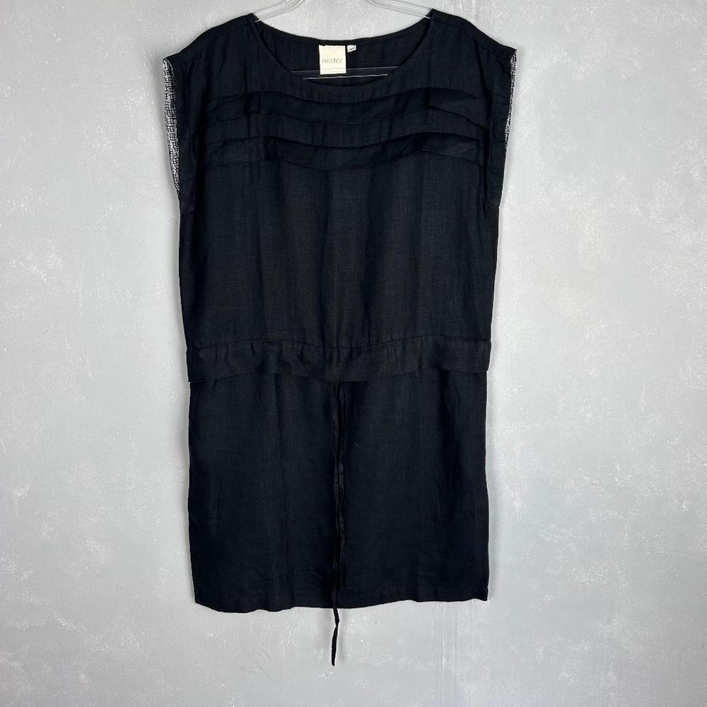 Reistor size M shift black dress 100% hemp short cinched waist w pockets